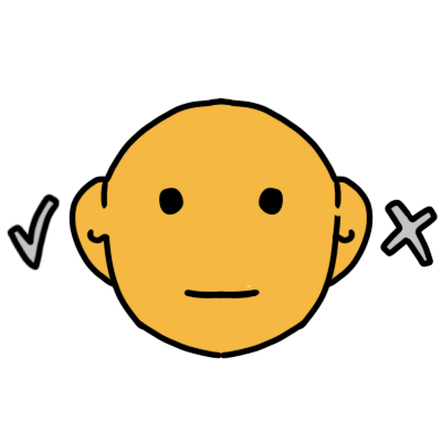 A simple yellow face with two eyes, two ears, and a mouth. their right ear has a light grey checkmark next to it, and their left ear has a light grey 'x' next to it.